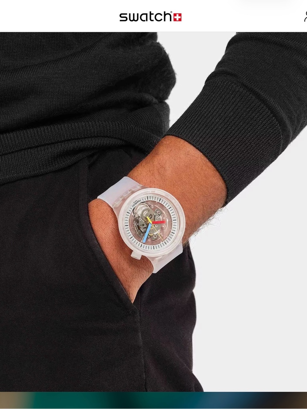 BIG BOLD JELLYFISH Swatch Clear Skeleton Watch with Blue, Yellow and Red Hands